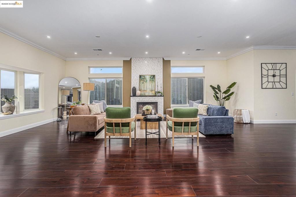 Fireplace, Interior, Living room, Recessed Lighting, Wood Texture Flooring
