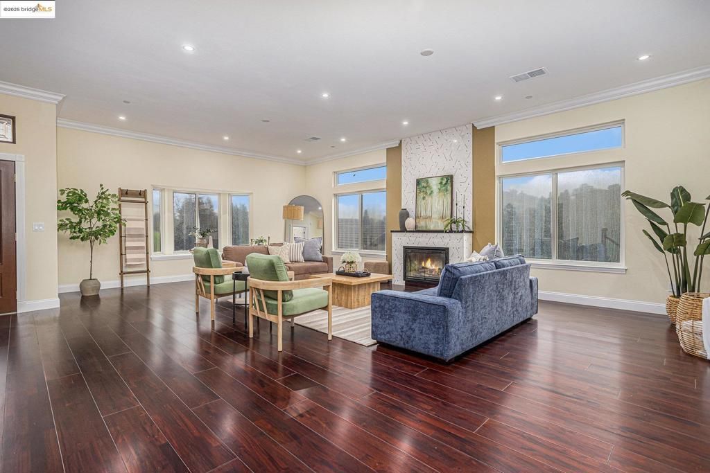 Fireplace, Interior, Living room, Recessed Lighting, Wood Texture Flooring