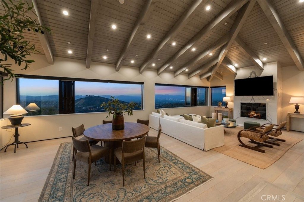 Dining room, Fireplace, Interior, Living room, Recessed Lighting, Wooden Beams, Wooden Ceilings, Wood Texture Flooring