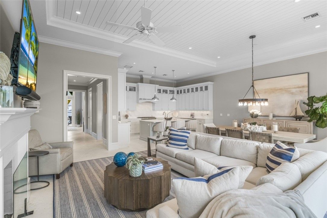 Chandelier, Dining room, Fireplace, Interior, Kitchen, Living room, Pendant Lights, Recessed Lighting