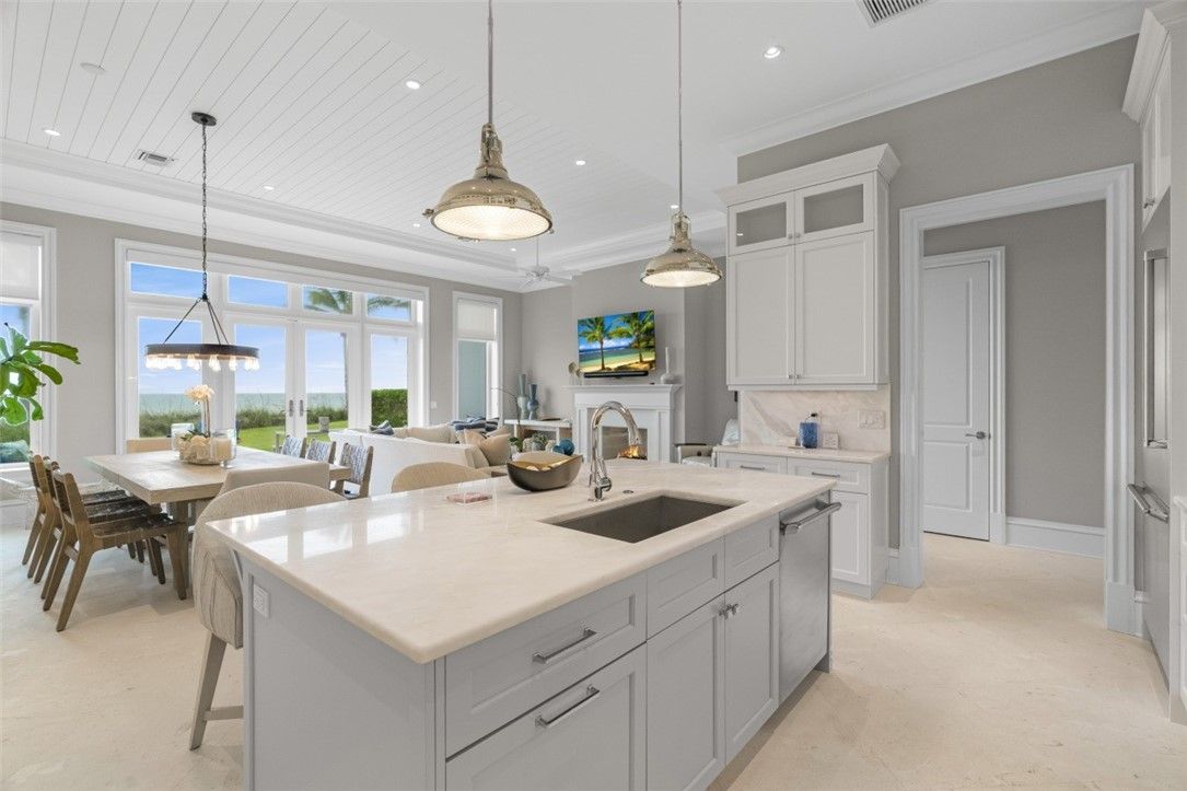 Dining room, Fireplace, Interior, Kitchen, Living room, Pendant Lights, Recessed Lighting, Water