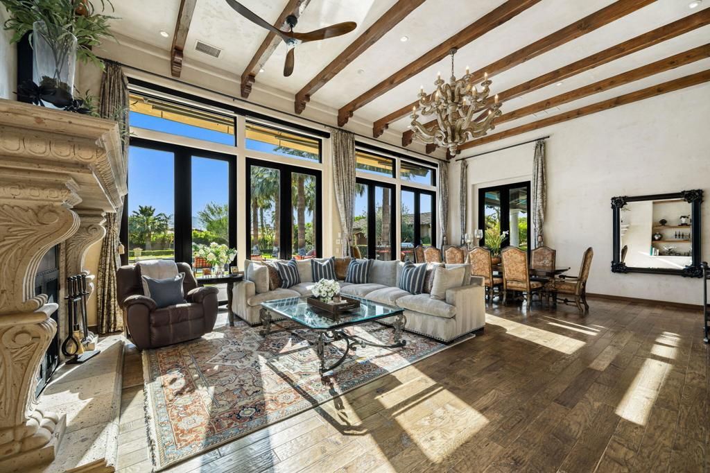 Chandelier, Dining room, Fireplace, Interior, Living room, Recessed Lighting, Wooden Beams, Wood Texture Flooring