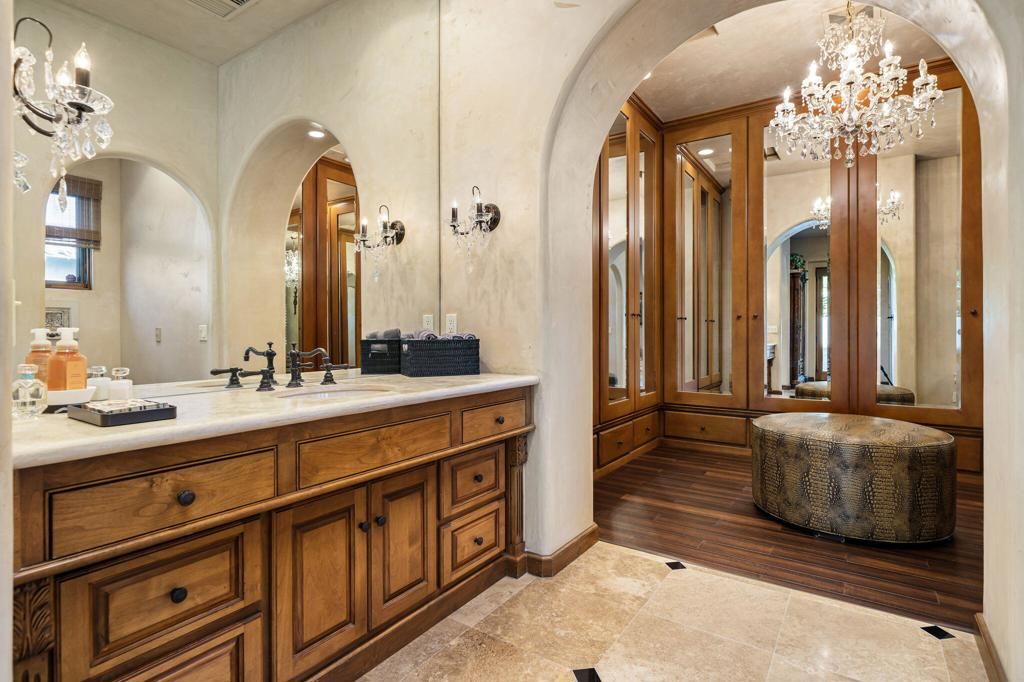 Bathroom, Chandelier, Dual Sink Vanities, Interior, Wood Texture Flooring
