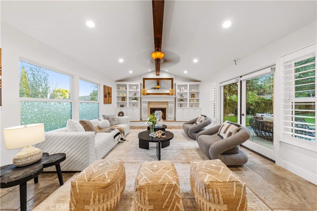 Fireplace, Interior, Living room, Recessed Lighting, Wooden Beams