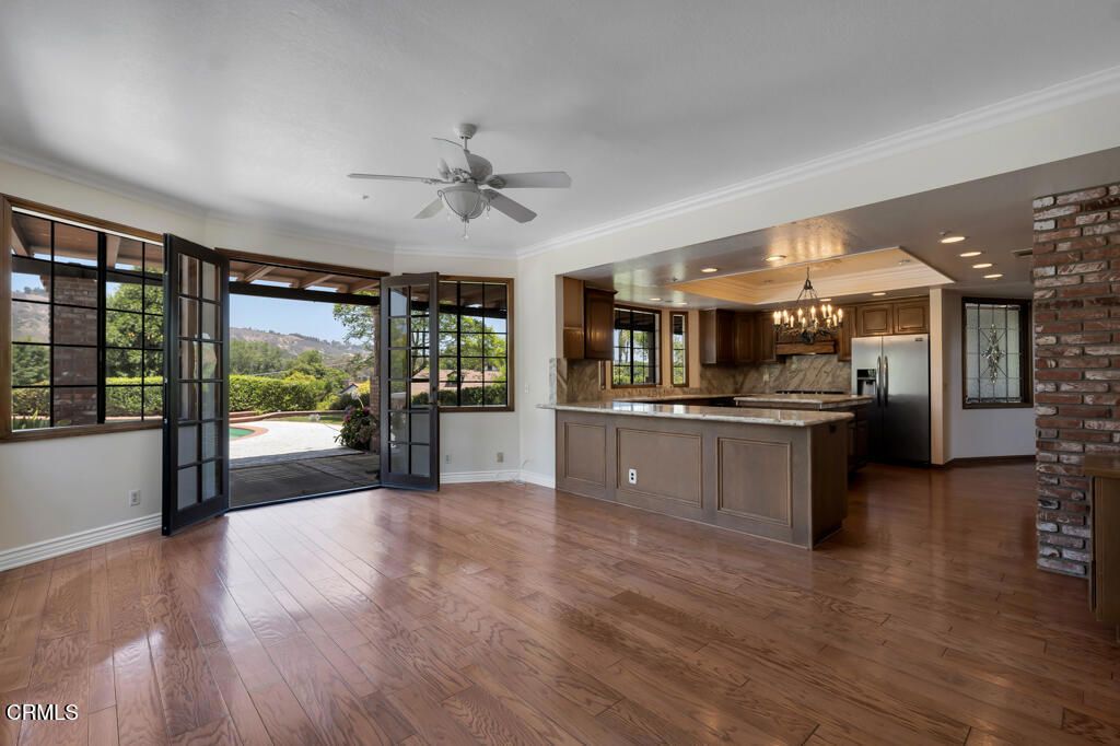 Chandelier, Empty room, Interior, Kitchen, Recessed Lighting, Stone Walls, Wood Texture Flooring