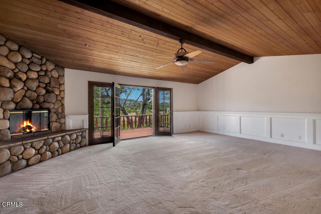 Empty room, Fireplace, Interior, Recessed Lighting, Wooden Beams, Wooden Ceilings