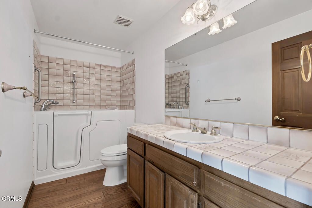 Bathroom, Interior, Tile Countertops, Wood Texture Flooring