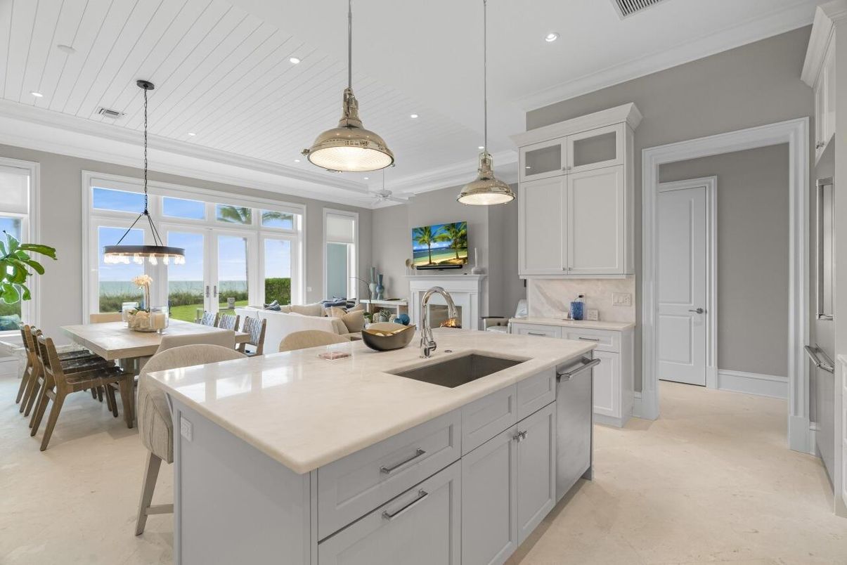 Dining room, Fireplace, Interior, Kitchen, Living room, Pendant Lights, Recessed Lighting, Water