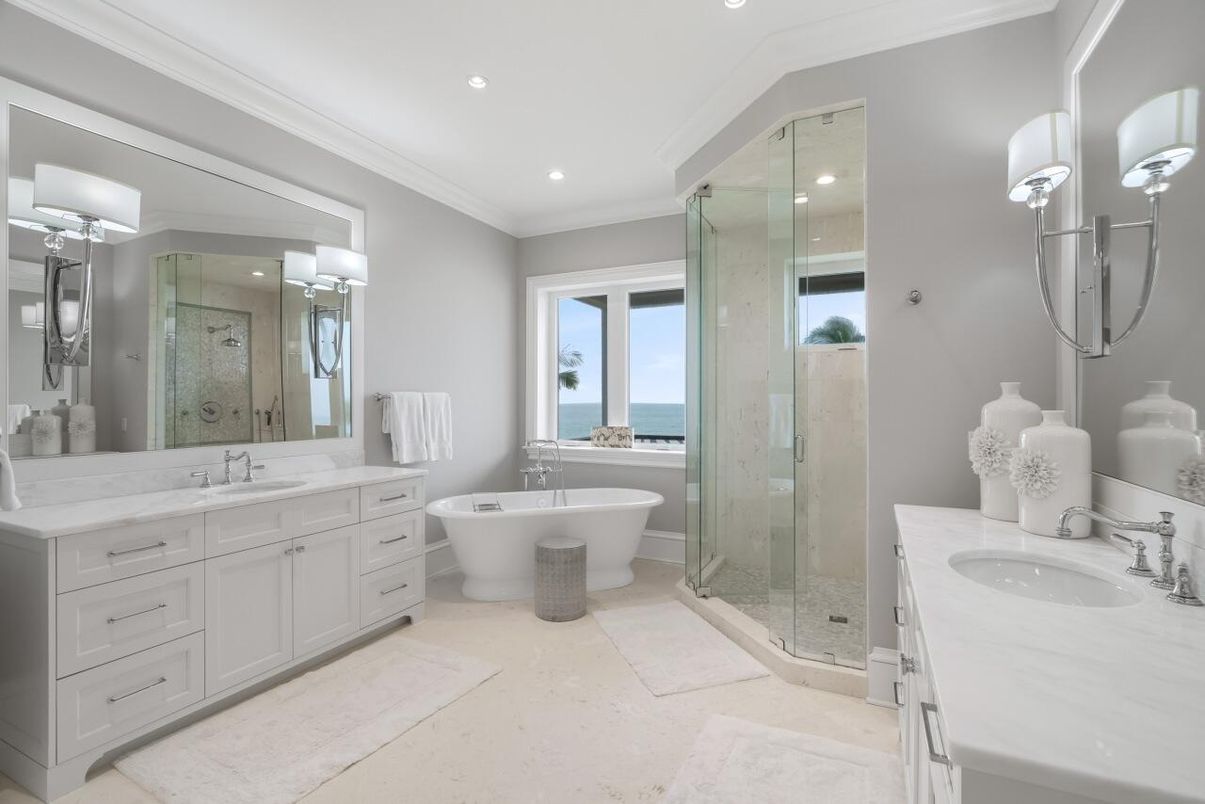 Bathroom, Dual Sink Vanities, Free Standing Baths, Glass Shower, Interior, Recessed Lighting, Water