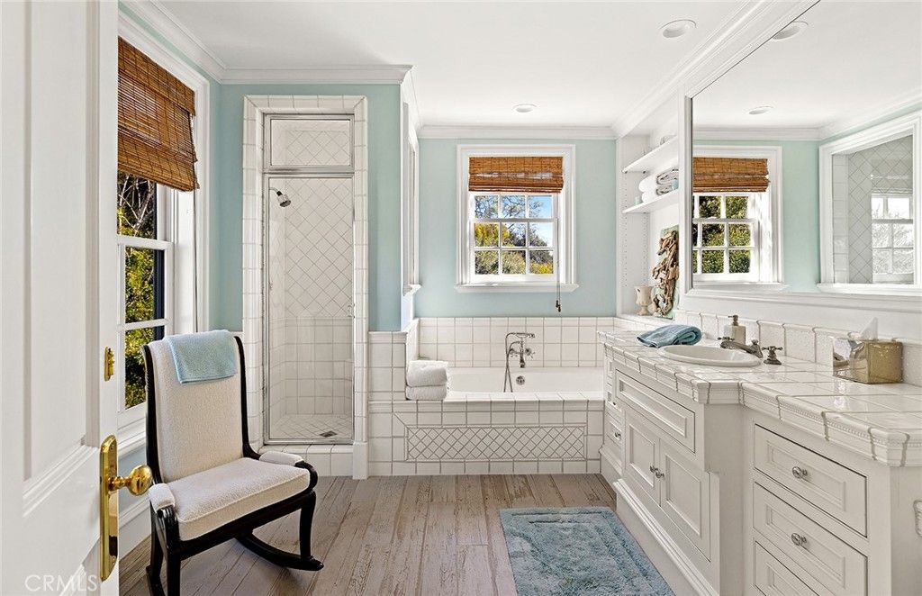 Bathroom, Glass Shower, Interior, Recessed Lighting, Tile Countertops, Wood Texture Flooring