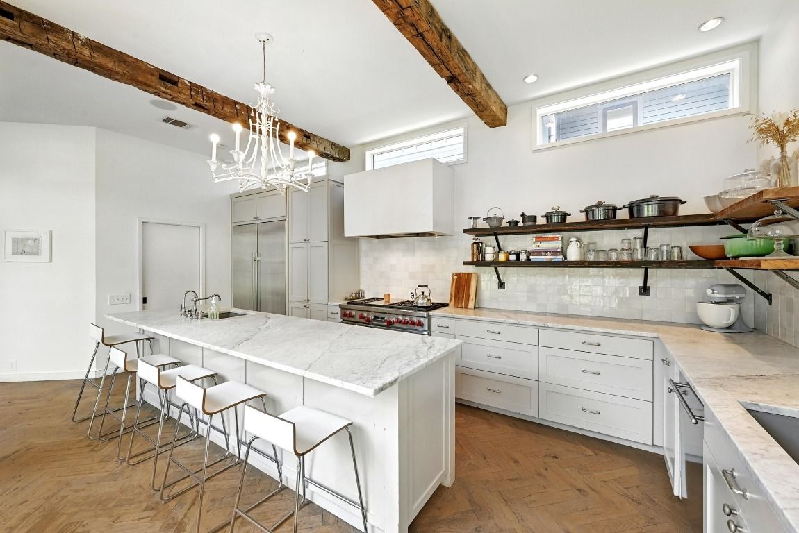 Chandelier, Interior, Kitchen, Pendant Lights, Recessed Lighting, Wooden Beams, Wood Texture Flooring