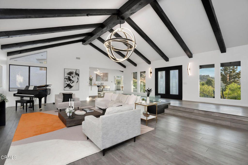 Interior, Living room, Pendant Lights, Piano, Wooden Beams, Wood Texture Flooring