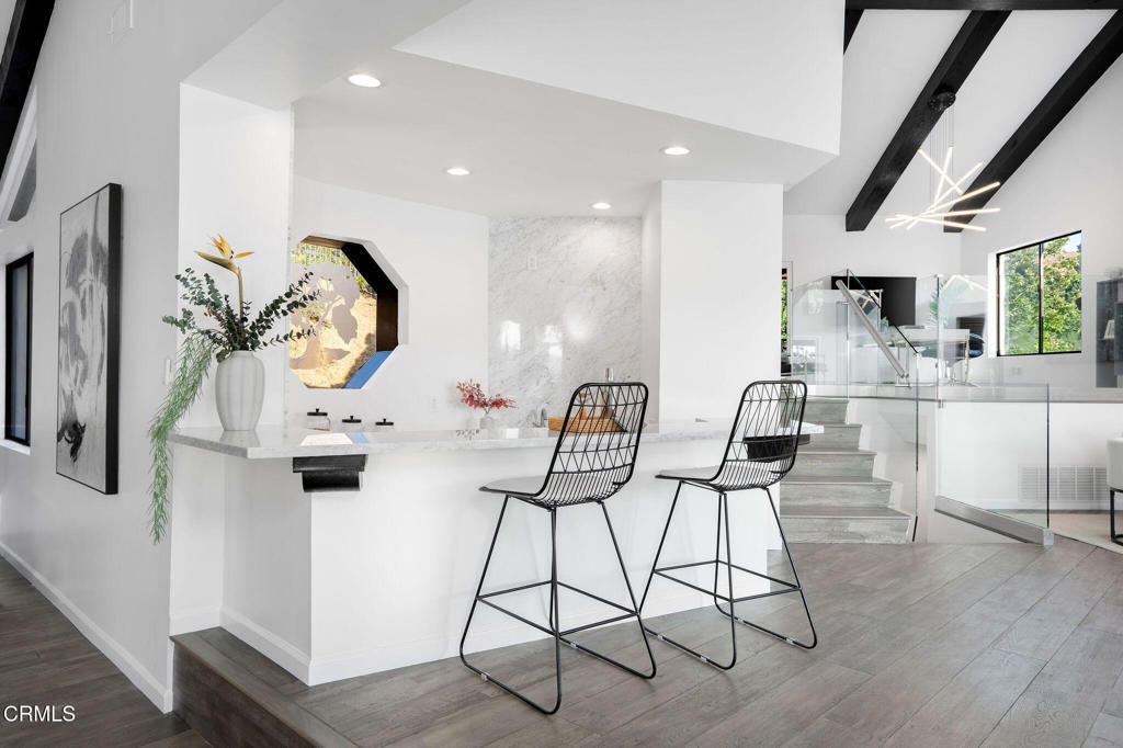 Interior, Marble Walls, Pendant Lights, Recessed Lighting, Wood Texture Flooring