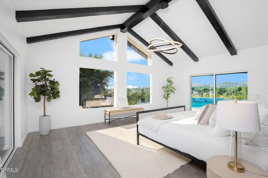 Bedroom, Interior, Pendant Lights, Wooden Beams, Wood Texture Flooring