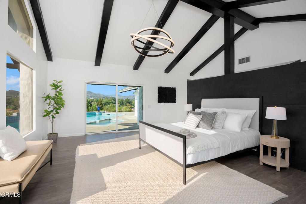 Bedroom, Interior, Pendant Lights, Wooden Beams, Wood Texture Flooring