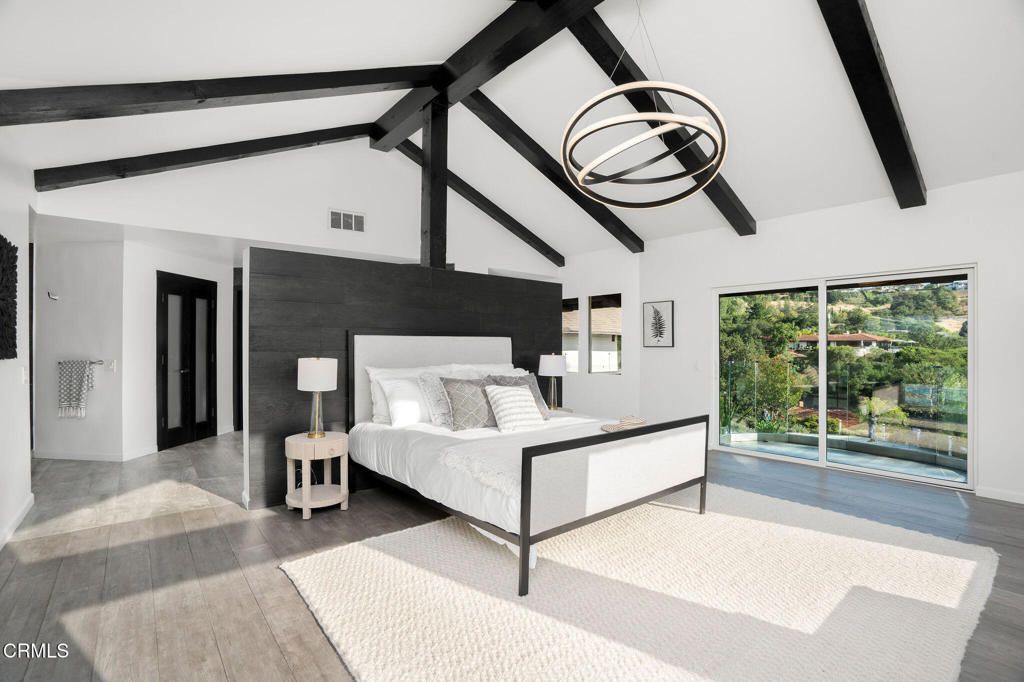 Bedroom, Interior, Pendant Lights, Wooden Beams, Wood Texture Flooring