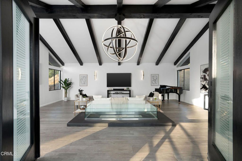 Interior, Living room, Pendant Lights, Piano, Wooden Beams, Wood Texture Flooring