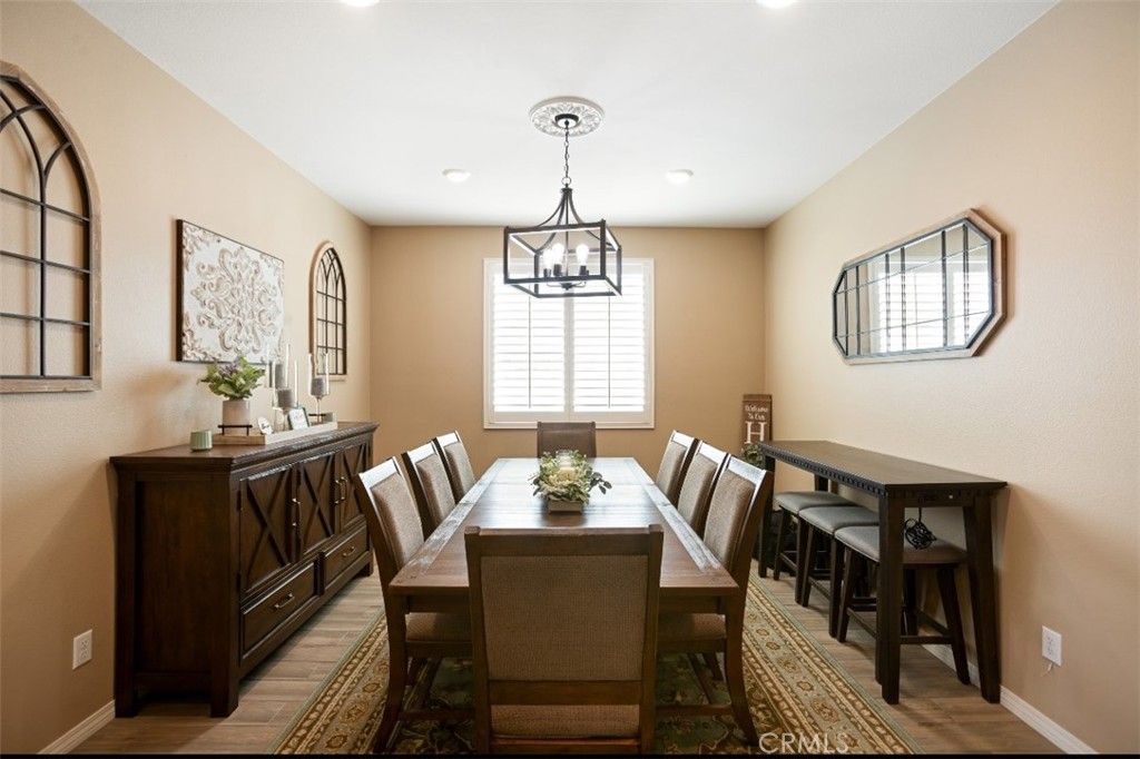 Dining room, Interior, Pendant Lights, Recessed Lighting, Wood Texture Flooring