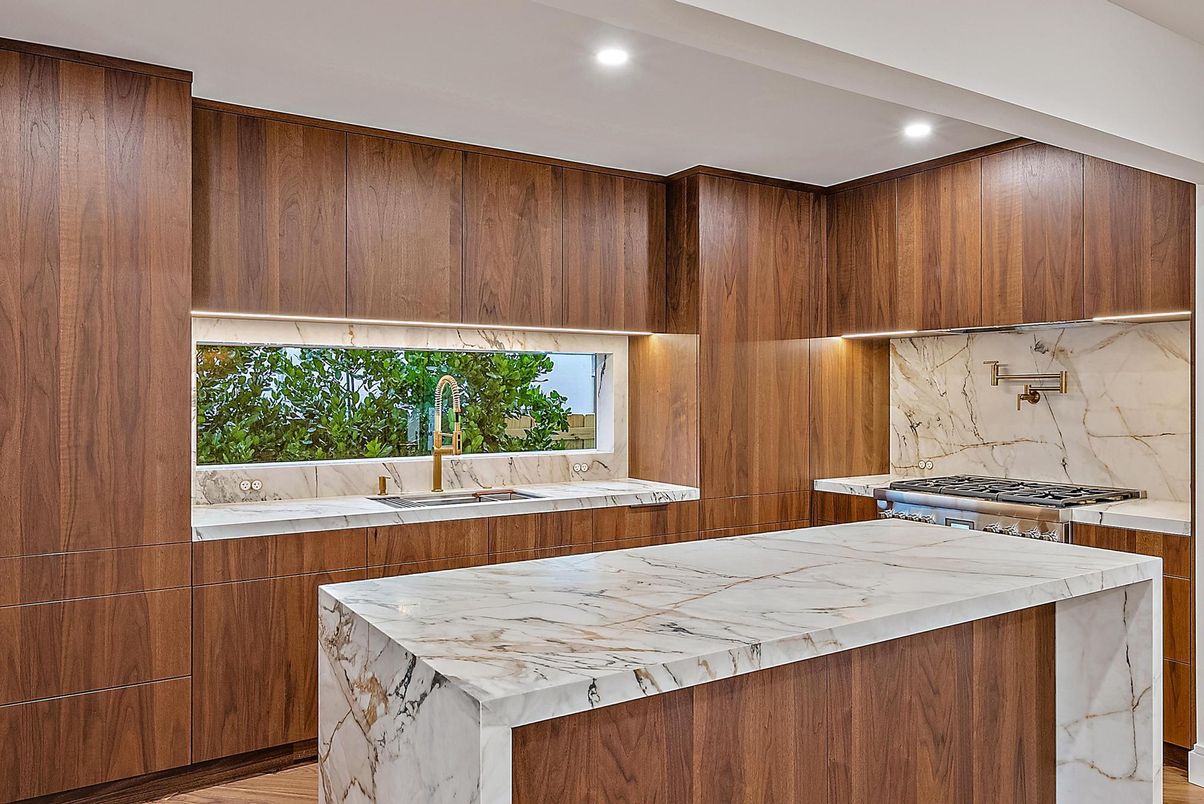 Interior, Kitchen, Marble Walls, Recessed Lighting, Wood Texture Flooring