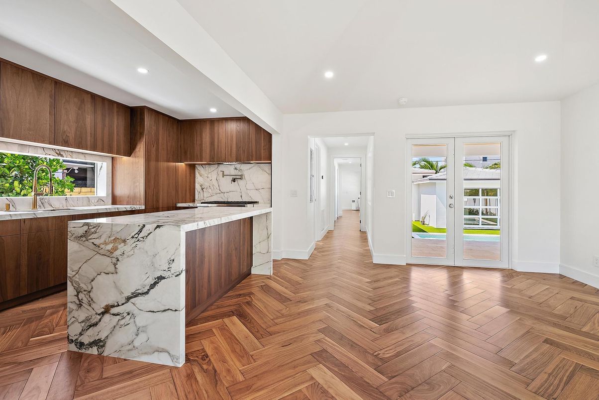 Interior, Kitchen, Marble Walls, Recessed Lighting, Wood Texture Flooring