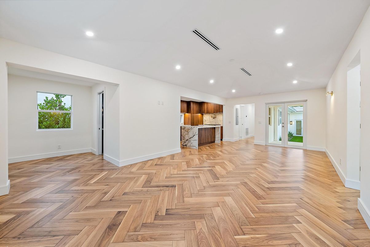 Empty room, Interior, Kitchen, Recessed Lighting, Wood Texture Flooring