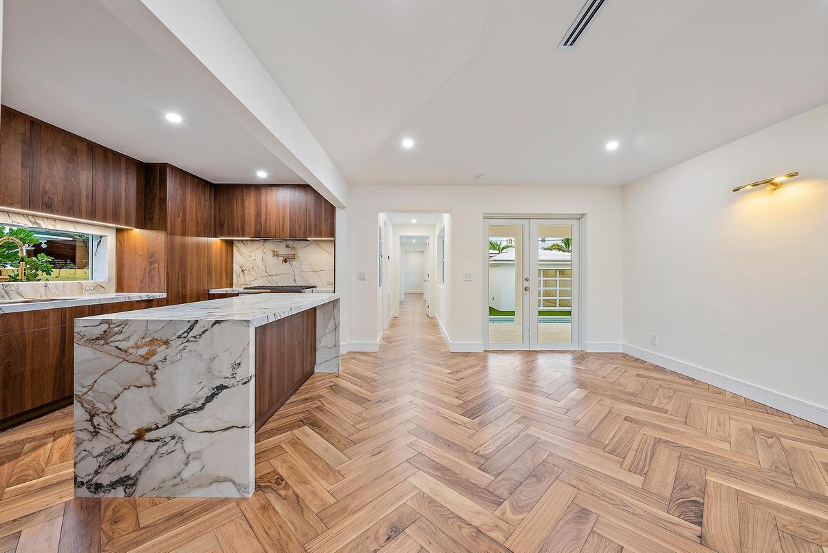 Interior, Kitchen, Marble Walls, Recessed Lighting, Wood Texture Flooring