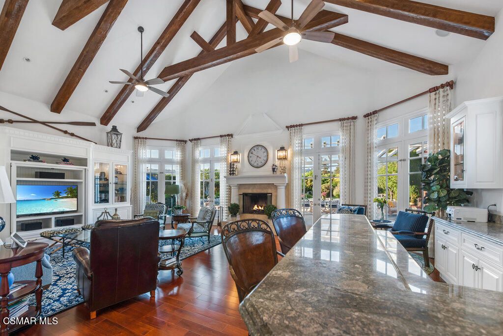 Dining room, Fireplace, Interior, Living room, Wooden Beams, Wood Texture Flooring