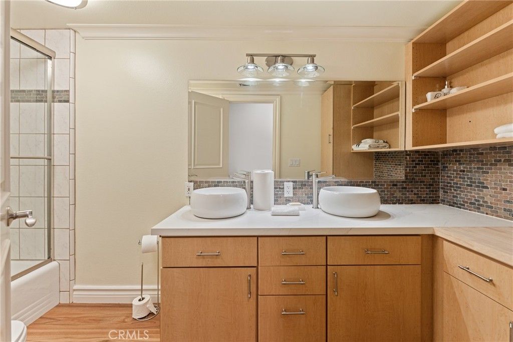 Bathroom, Dual Sink Vanities, Glass Shower, Interior, Wood Texture Flooring