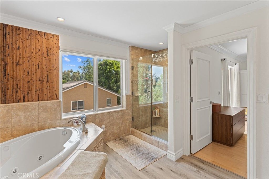 Bathroom, Glass Shower, Interior, Recessed Lighting, Wood Texture Flooring