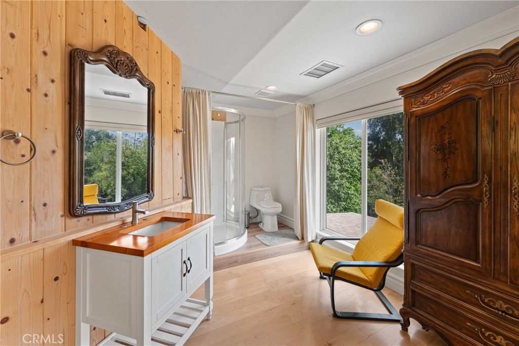 Bathroom, Interior, Recessed Lighting, Wood Texture Flooring, Wooden Walls