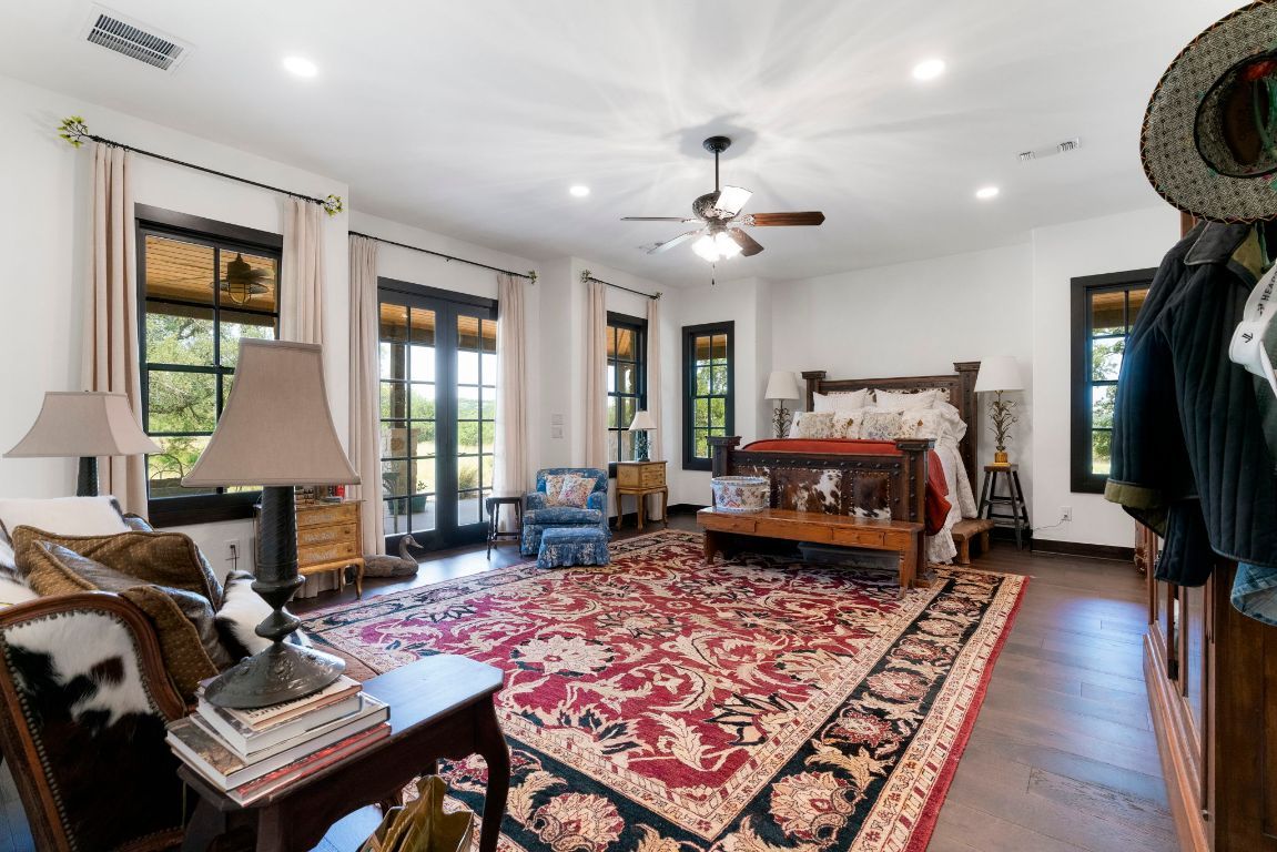 Bedroom, Fireplace, Interior, Recessed Lighting, Wood Texture Flooring