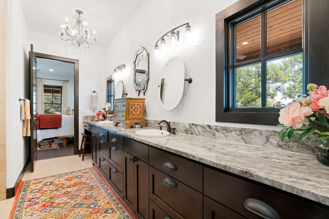 Bathroom, Chandelier, Dual Sink Vanities, Interior, Recessed Lighting