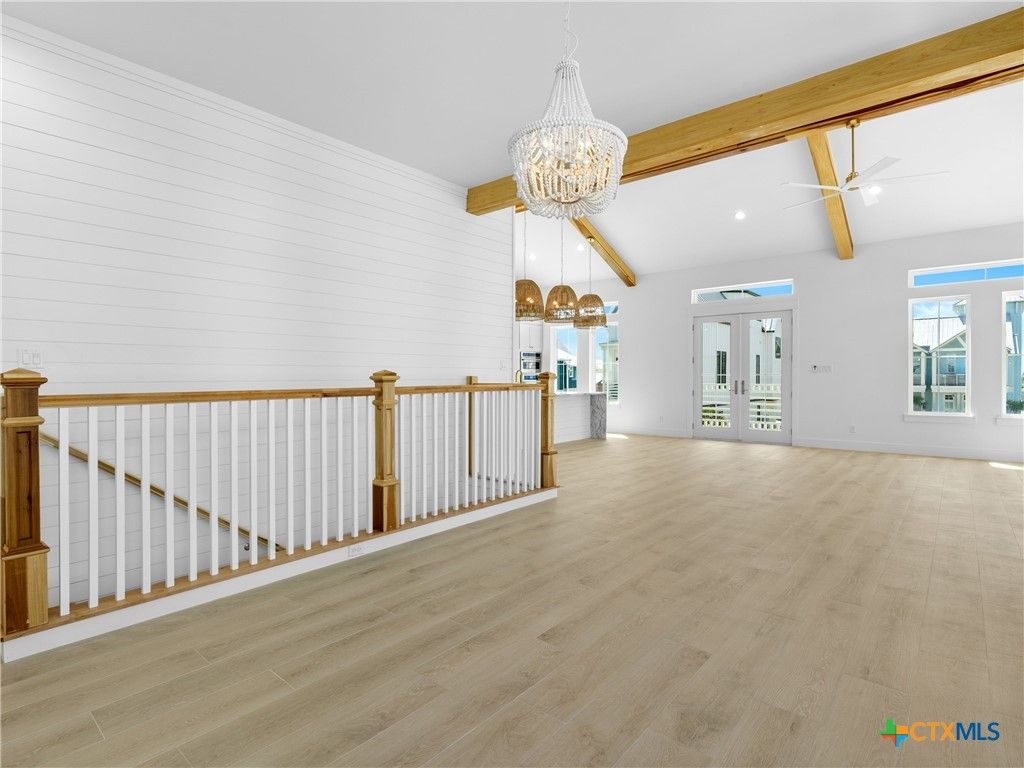 Chandelier, Interior, Recessed Lighting, Wooden Beams, Wood Texture Flooring