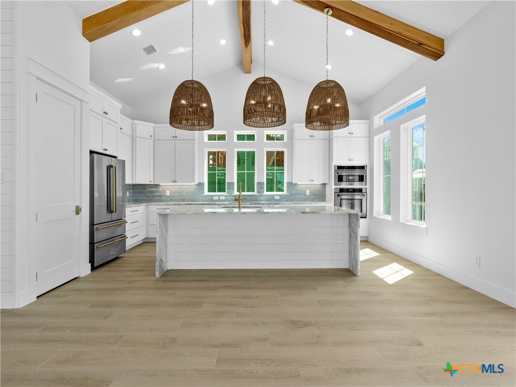 Interior, Kitchen, Pendant Lights, Recessed Lighting, Stainless Steel Appliances, Wooden Beams, Wood Texture Flooring