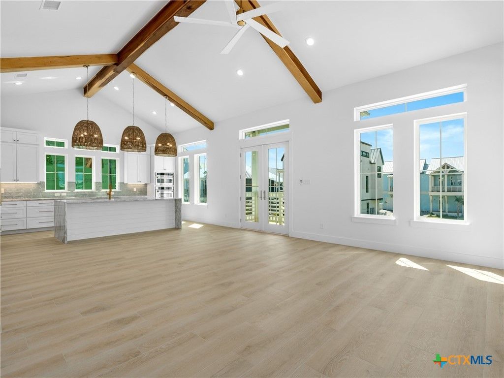 Empty room, Interior, Kitchen, Pendant Lights, Recessed Lighting, Wooden Beams, Wood Texture Flooring