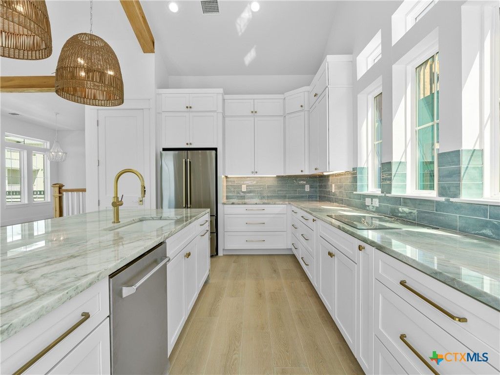 Interior, Kitchen, Pendant Lights, Recessed Lighting, Stainless Steel Appliances, Wooden Beams, Wood Texture Flooring