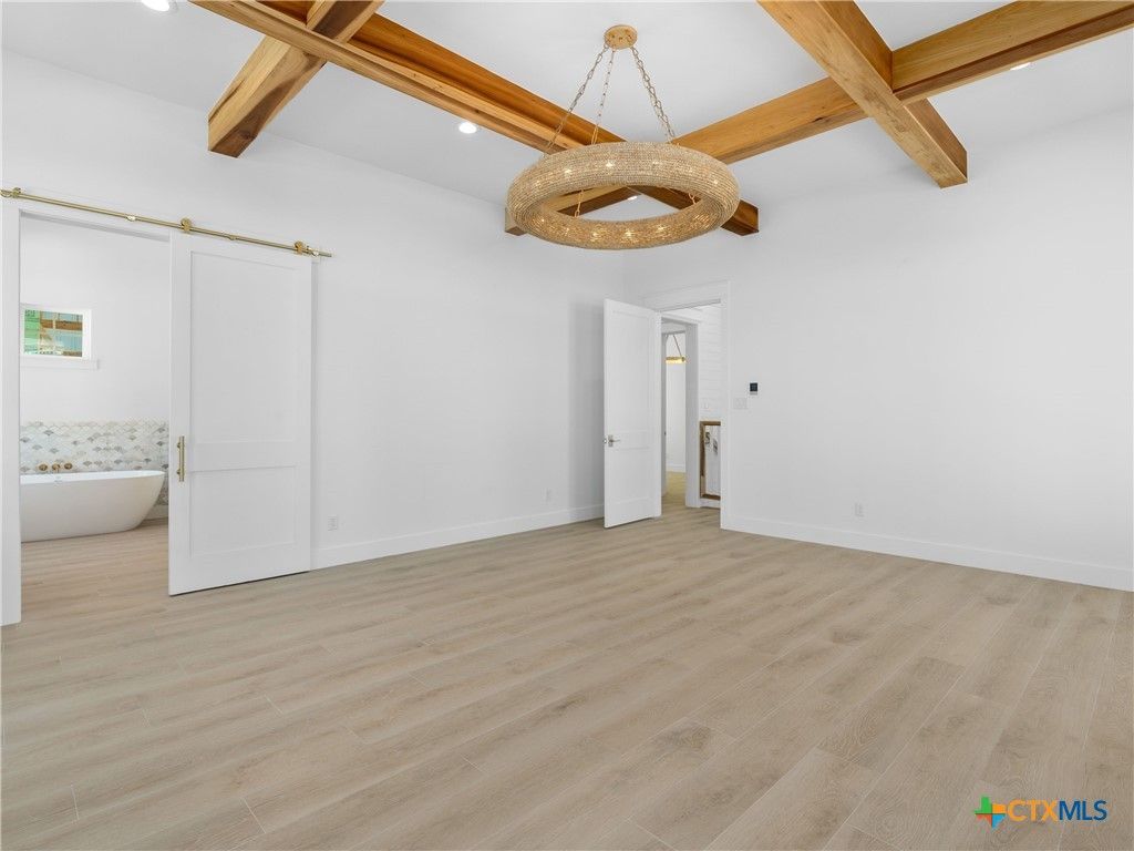 Empty room, Interior, Pendant Lights, Recessed Lighting, Wooden Beams, Wood Texture Flooring
