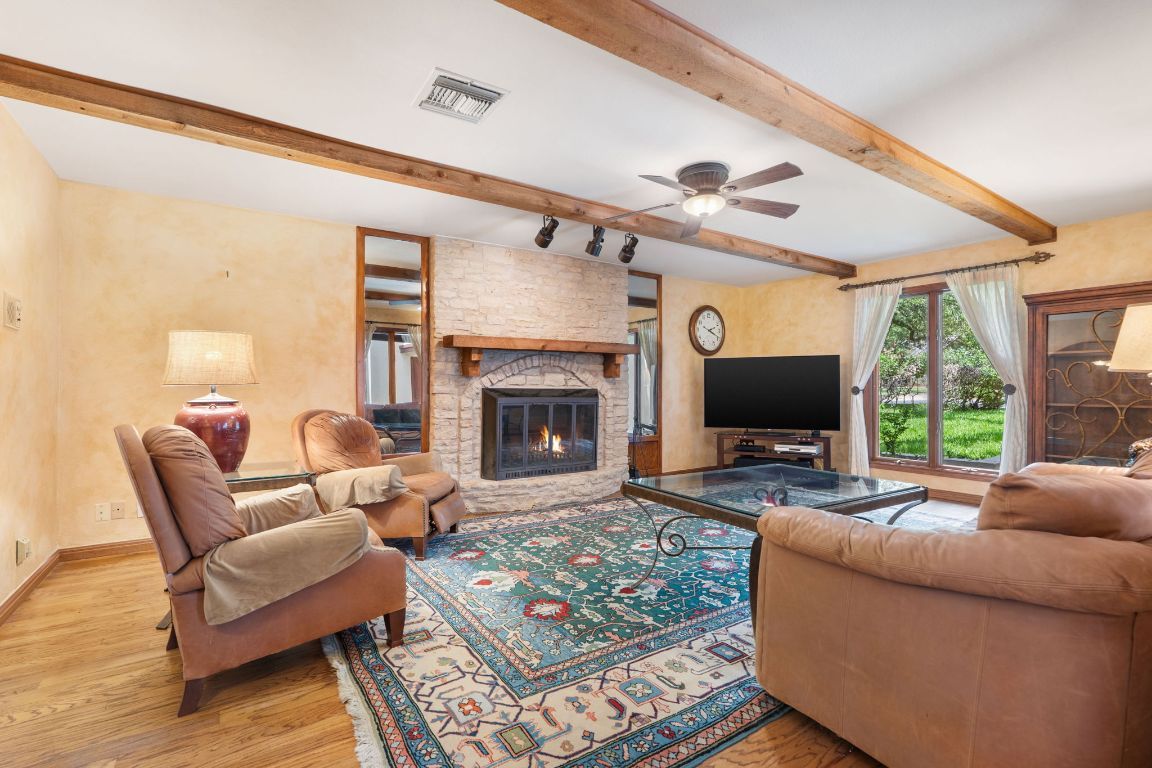 Fireplace, Interior, Living room, Stone Walls, Wooden Beams, Wood Texture Flooring