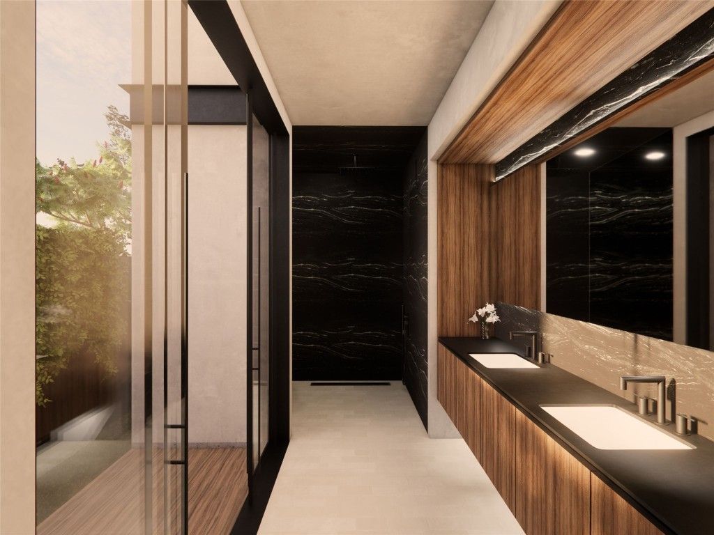 Bathroom, Dual Sink Vanities, Interior, Marble Walls, Wooden Walls