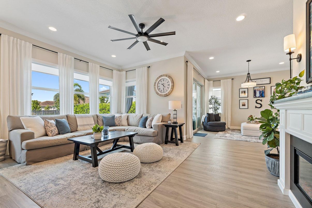 Fireplace, Interior, Living room, Pendant Lights, Recessed Lighting, Wood Texture Flooring