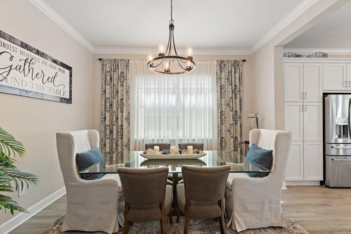 Chandelier, Dining room, Interior, Pendant Lights, Stainless Steel Appliances, Wood Texture Flooring