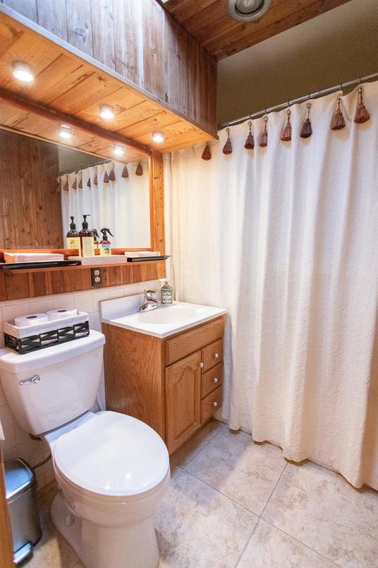 Bathroom, Dual Sink Vanities, Interior, Recessed Lighting, Wooden Ceilings, Wooden Walls