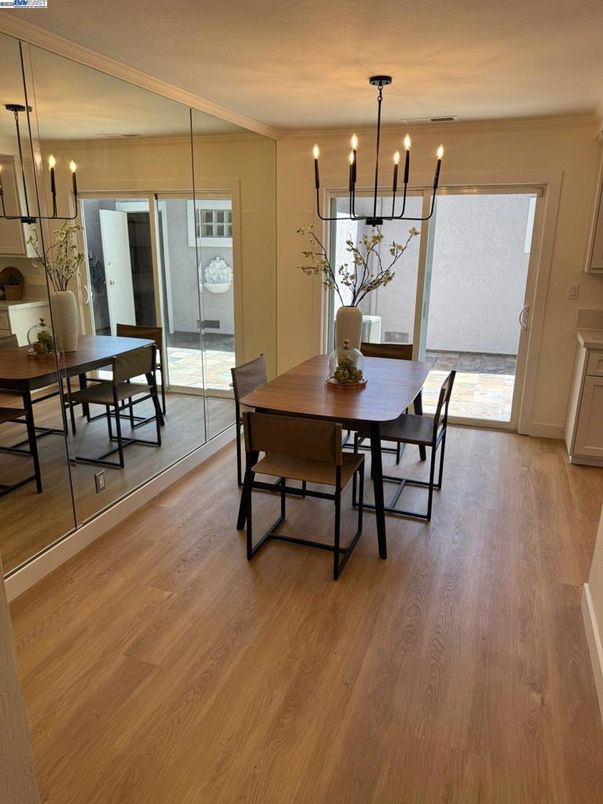 Chandelier, Dining room, Interior, Wood Texture Flooring