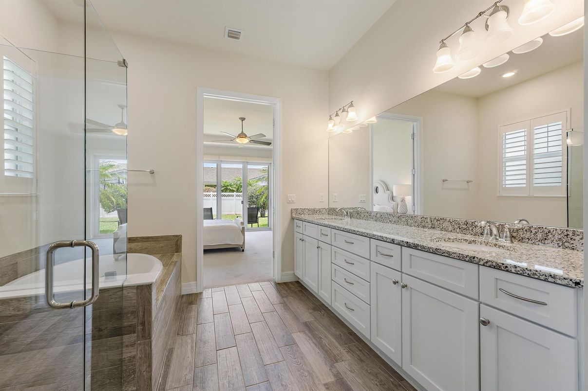 Bathroom, Dual Sink Vanities, Glass Shower, Interior, Wood Texture Flooring