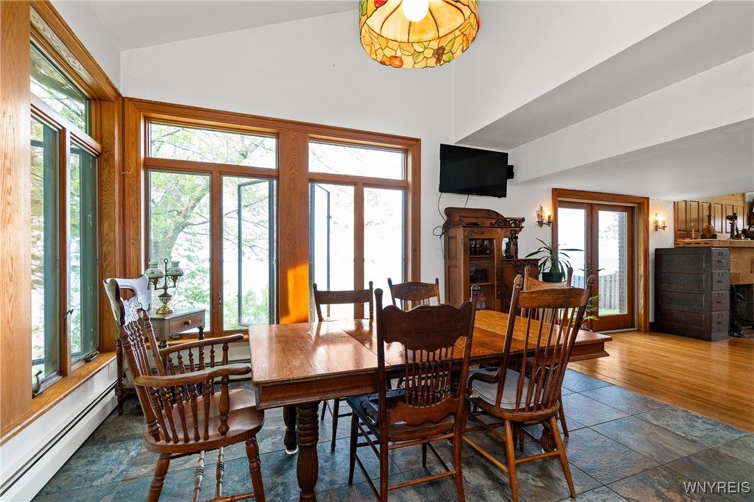 Dining room, Fireplace, Interior, Wood Texture Flooring