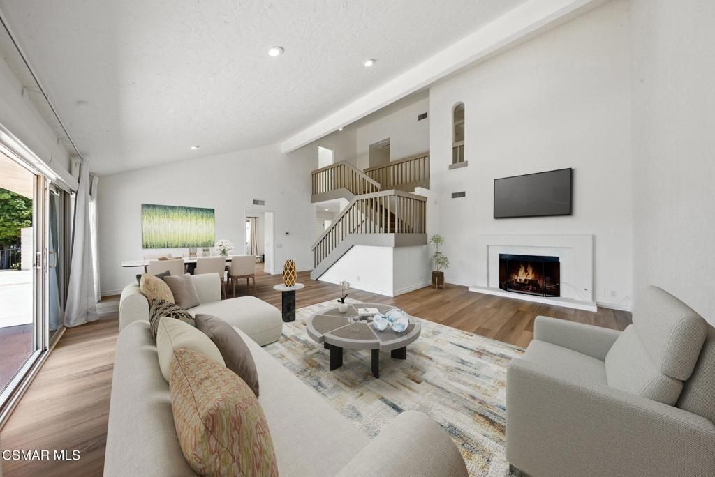 Fireplace, Interior, Living room, Recessed Lighting, Wood Texture Flooring