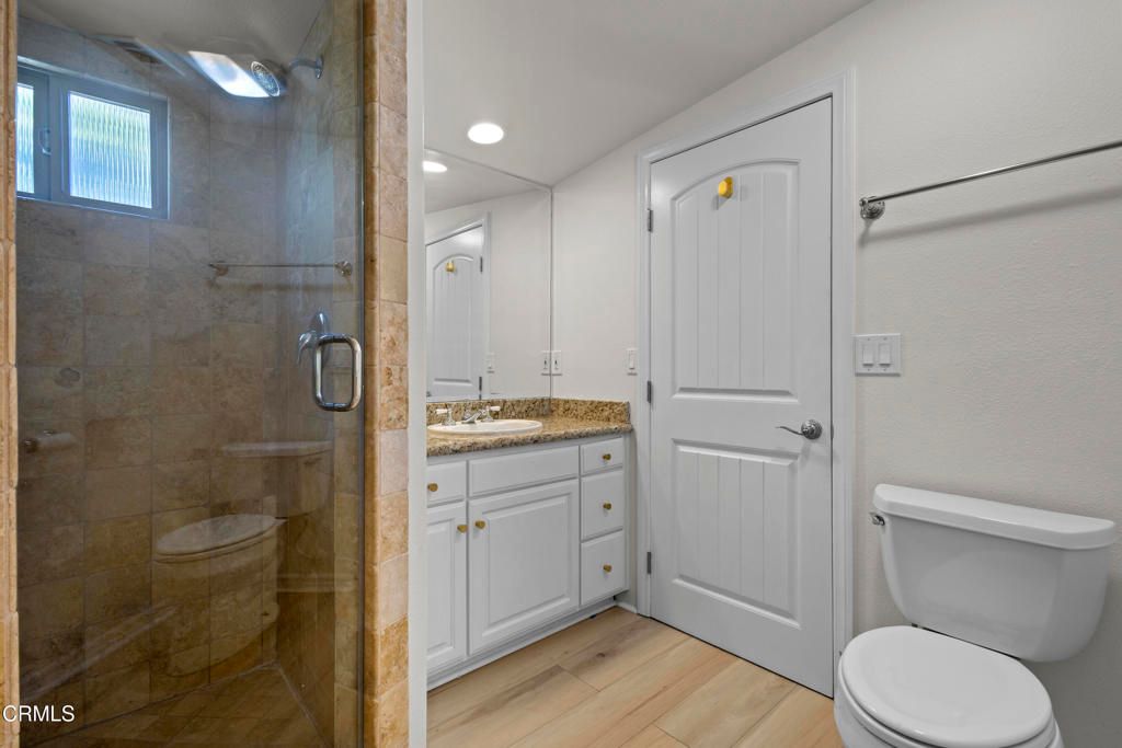 Bathroom, Glass Shower, Interior, Recessed Lighting, Wood Texture Flooring