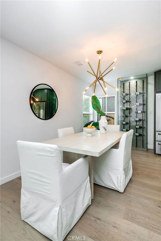 Dining room, Interior, Pendant Lights, Wine Storage, Wood Texture Flooring