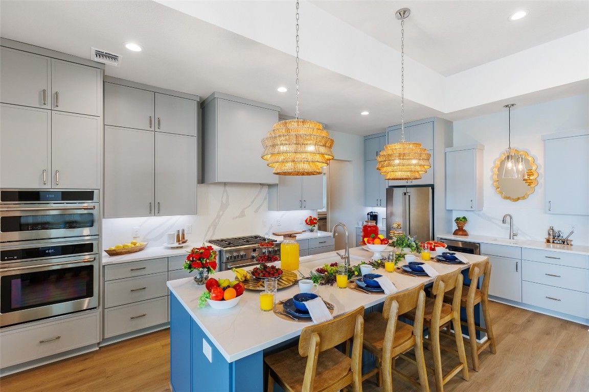 Interior, Kitchen, Pendant Lights, Recessed Lighting, Stainless Steel Appliances, Wood Texture Flooring