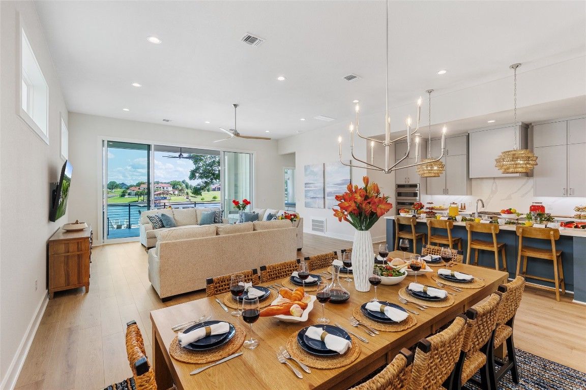 Dining room, Interior, Kitchen, Living room, Pendant Lights, Recessed Lighting, Water, Wood Texture Flooring